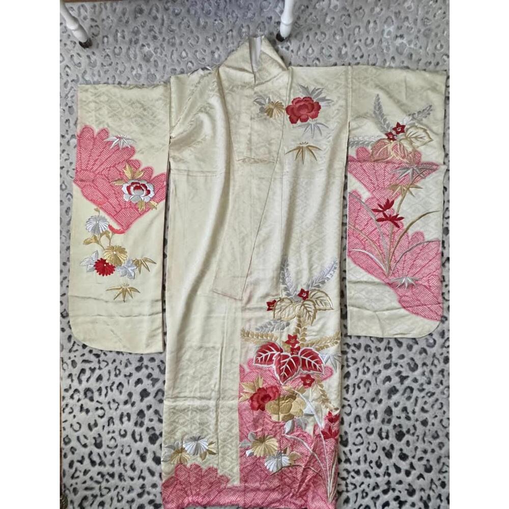 Vintage Kimono Silk Brocade Japanese Ceremonial Gown Embroidered Roses 1960s